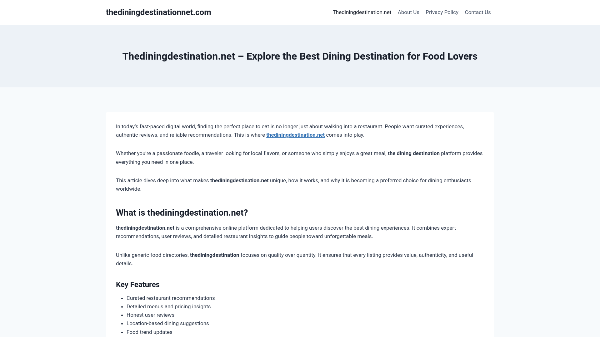 website screenshot of https://thediningdestinationnet.com
