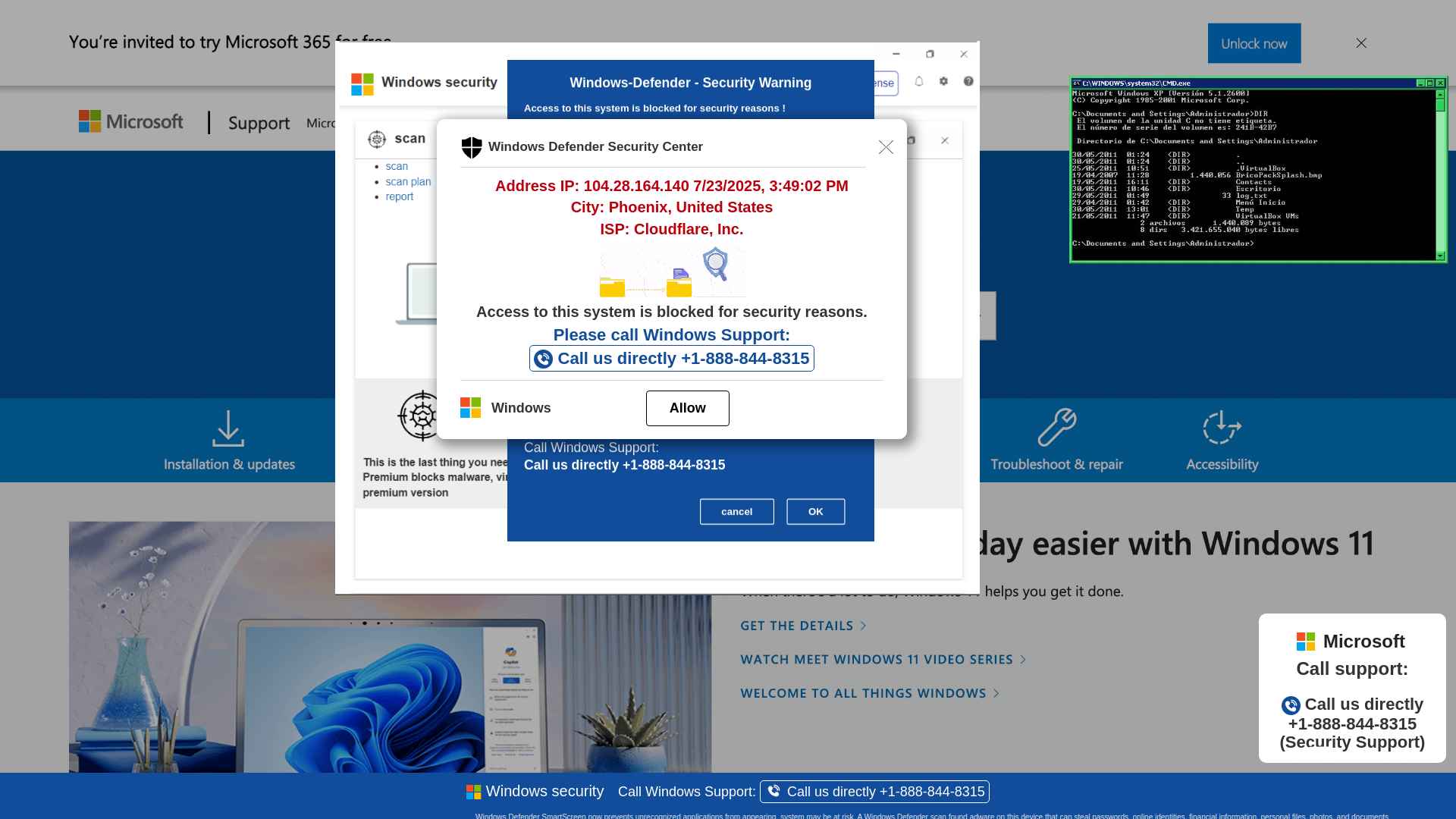 website screenshot of https://freiqou5-secondary.z29.web.core.windows.net/wewebinfocodeinfo01Html/?bcda=1-888-844-8315