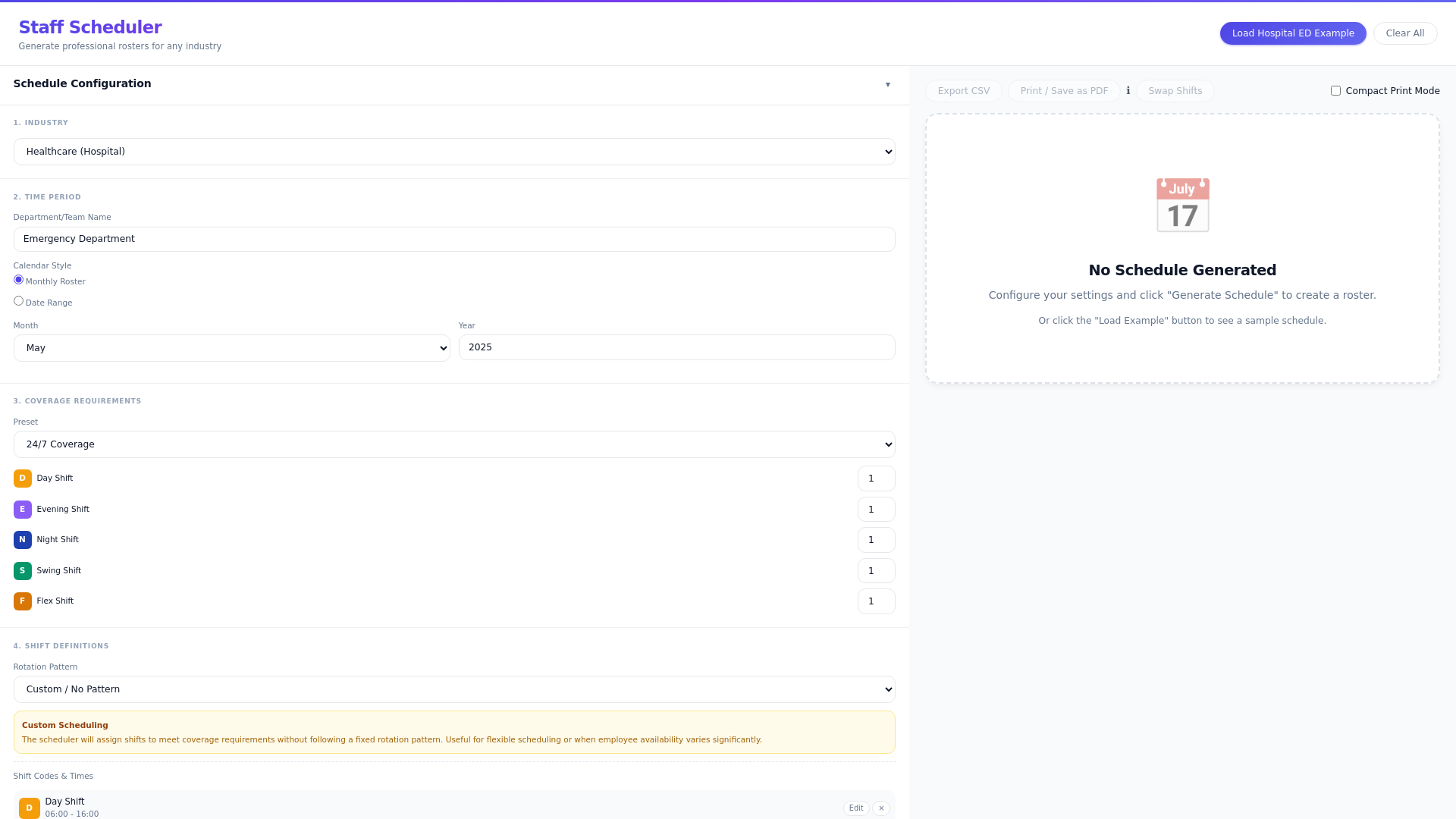 website screenshot of https://freeshiftschedule.com
