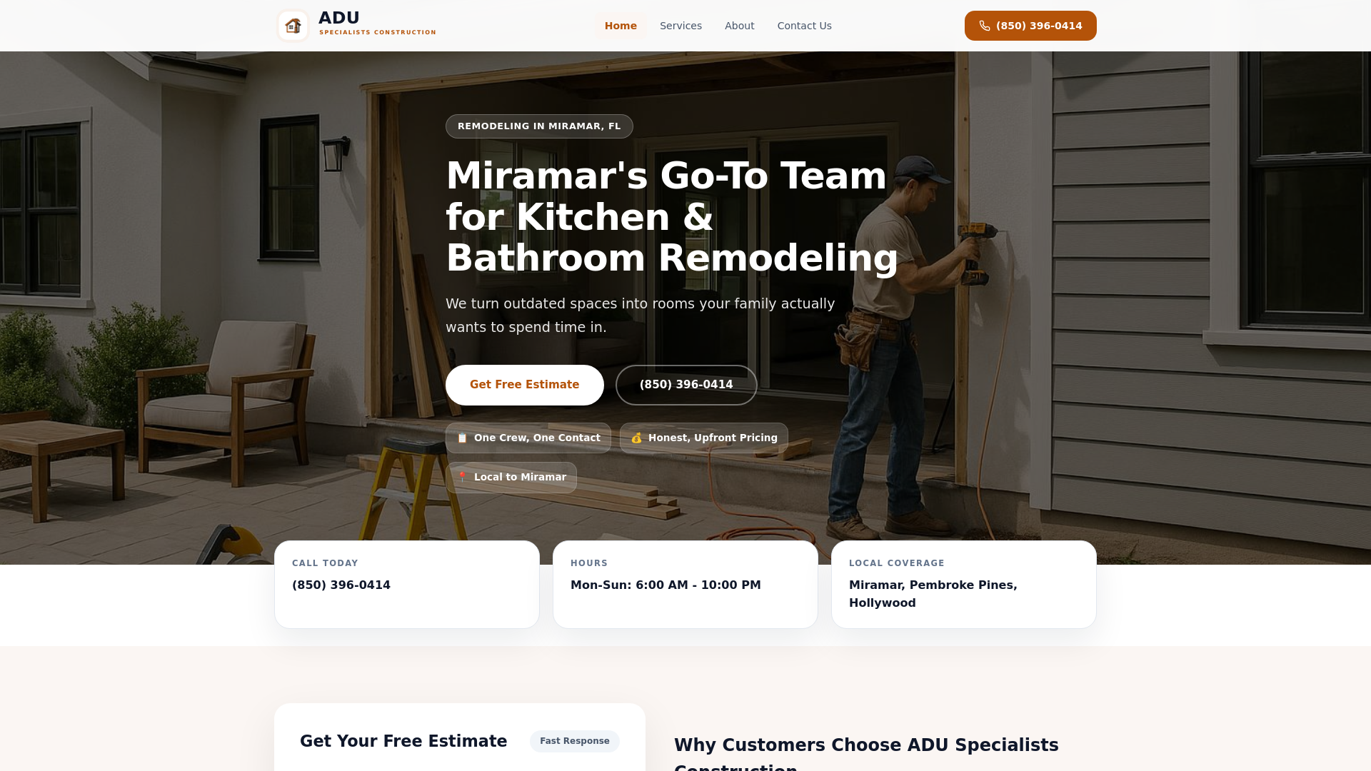 website screenshot of https://aduspecialistsconstruction.homes