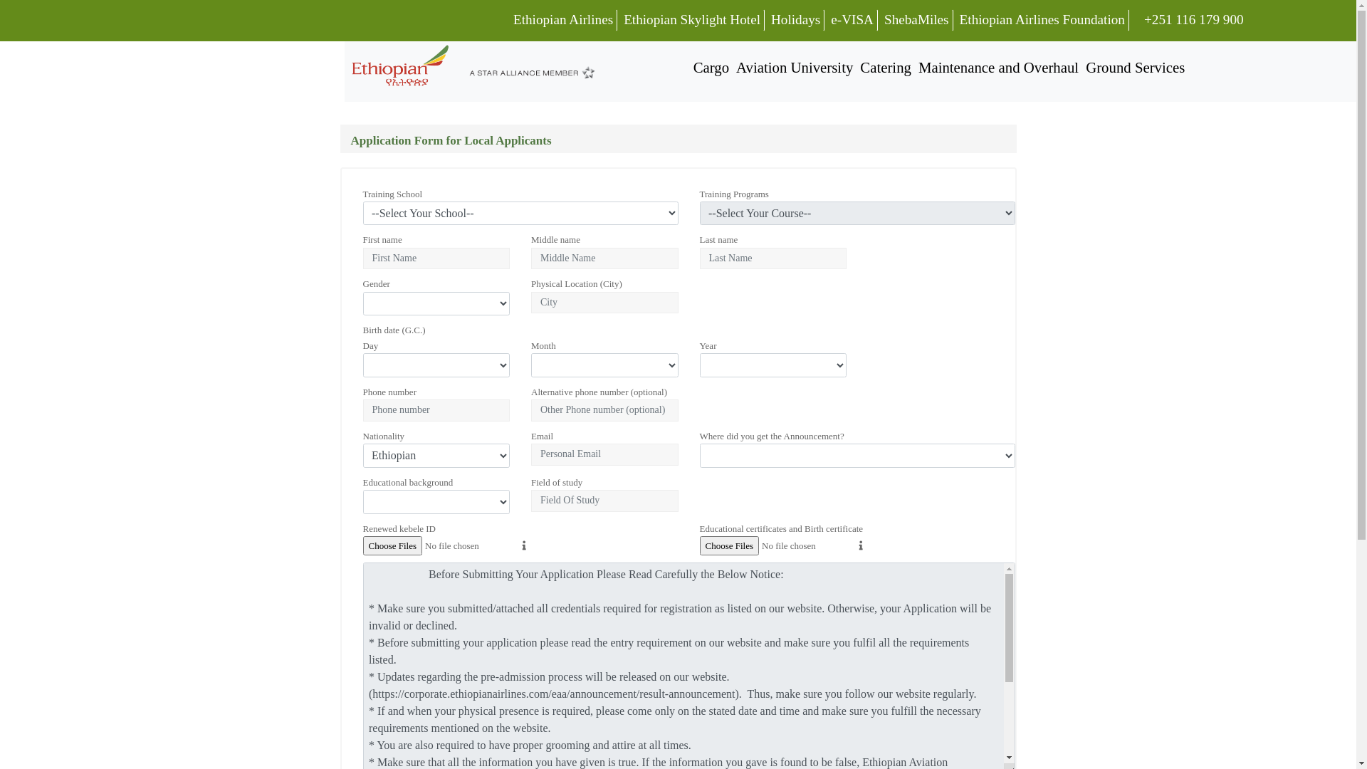 website screenshot of https://corporate.ethiopianairlines.com/eaa/applocation-for-local/Index
