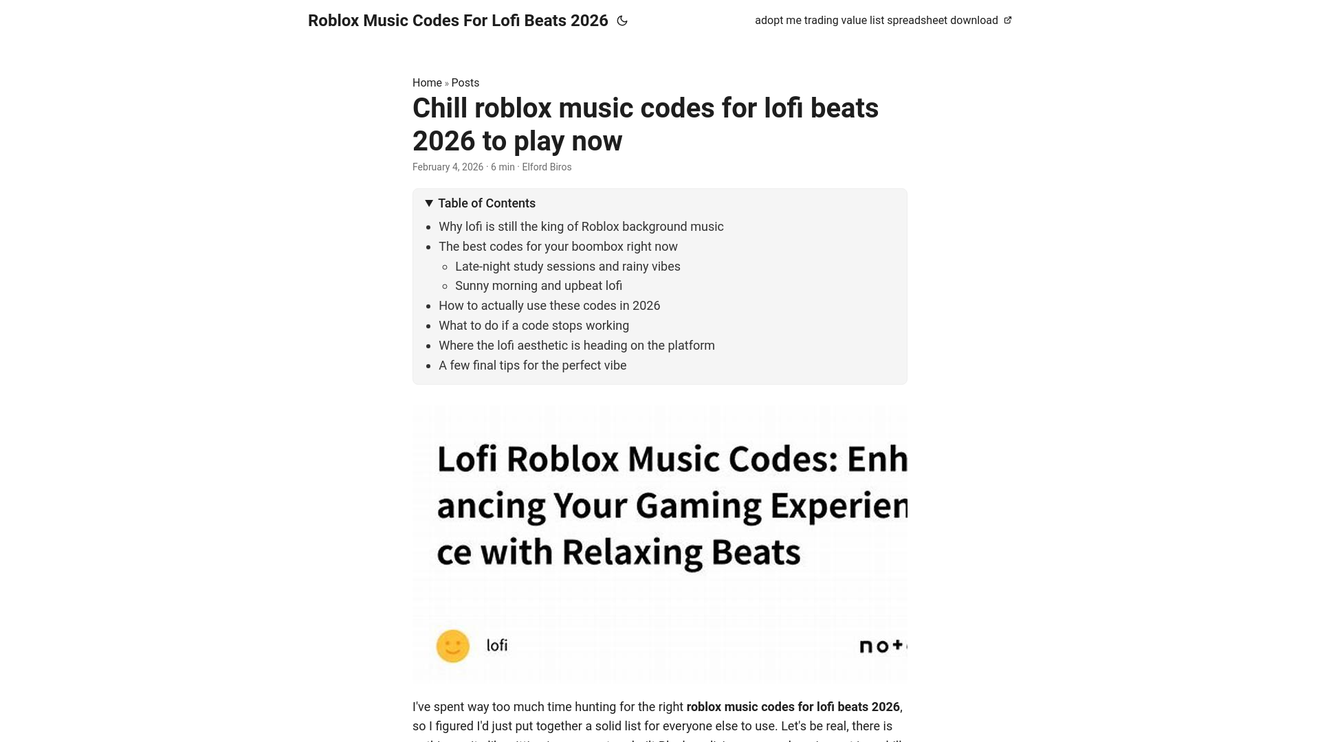 website screenshot of https://roblox-music-codes-for-lofi-beats-2026.pages.dev/