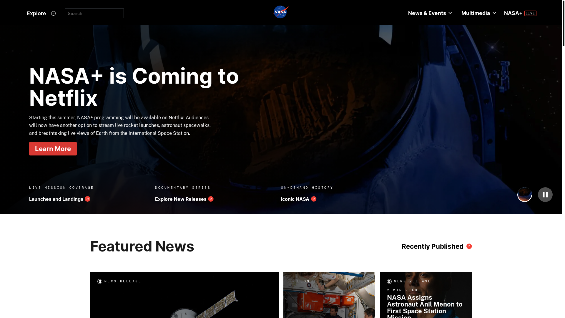 website screenshot of https://nasa.gov/