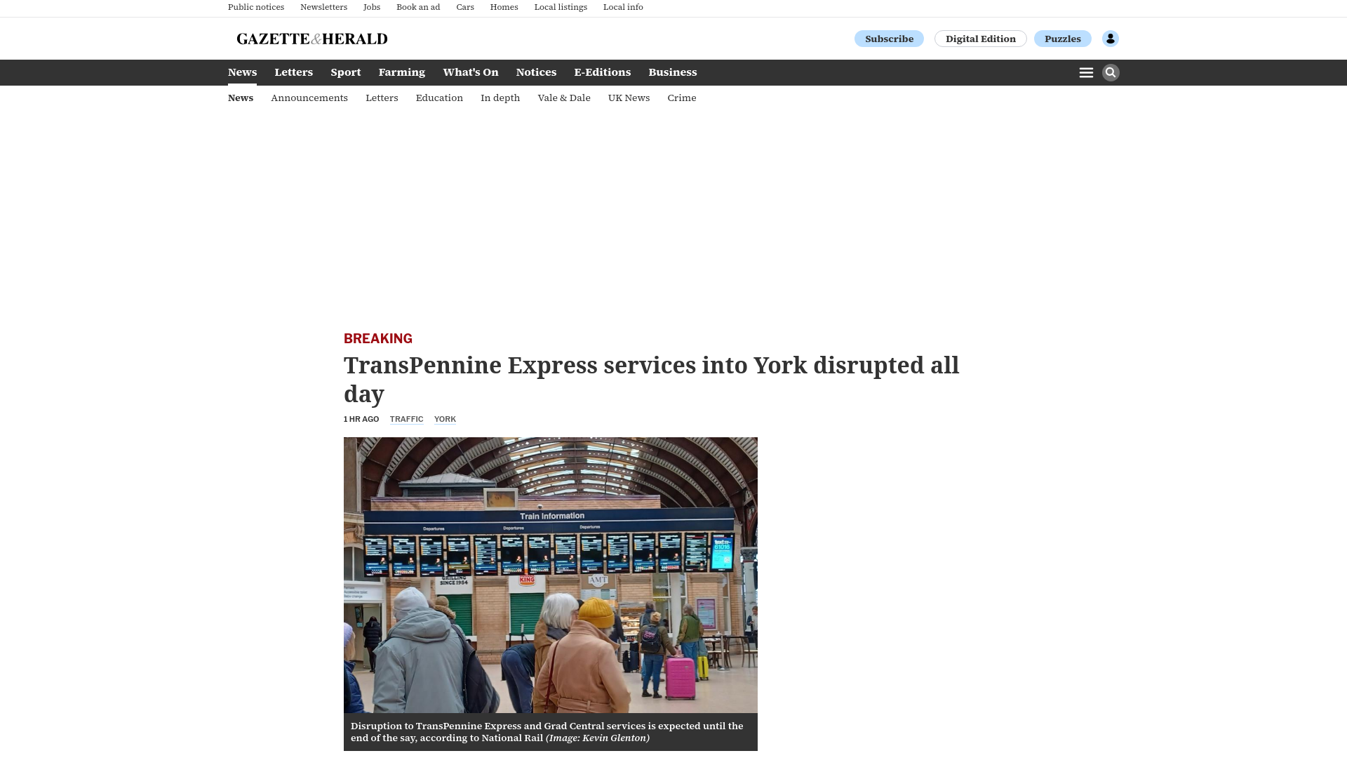 website screenshot of https://www.gazetteherald.co.uk/news/25958408.transpennine-express-services-york-disrupted-today/