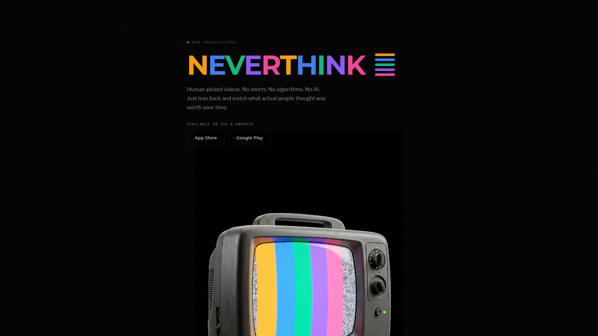 website screenshot of https://neverthink.video/