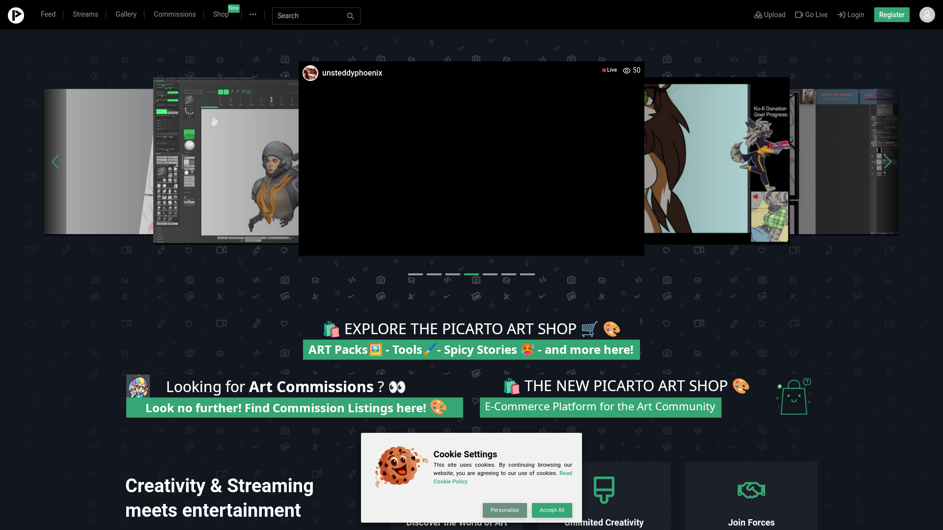 website screenshot of https://picarto.tv/