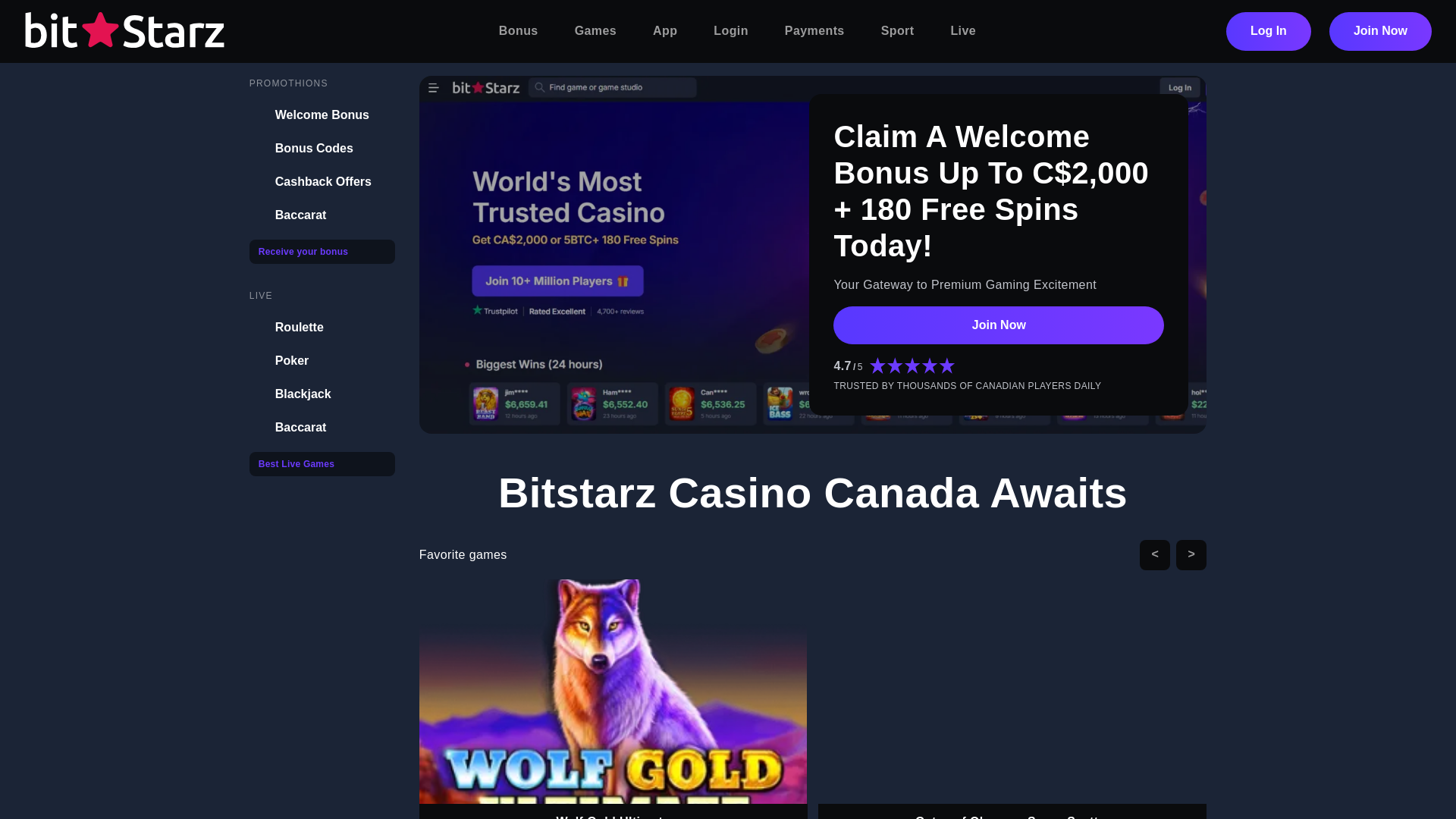 website screenshot of https://bitstarzcasinocanada.net