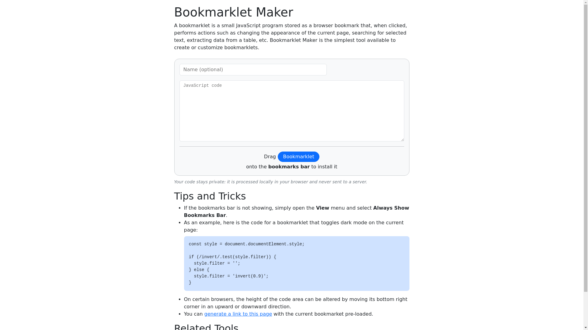 website screenshot of https://www.philstools.com/bookmarklet-maker/