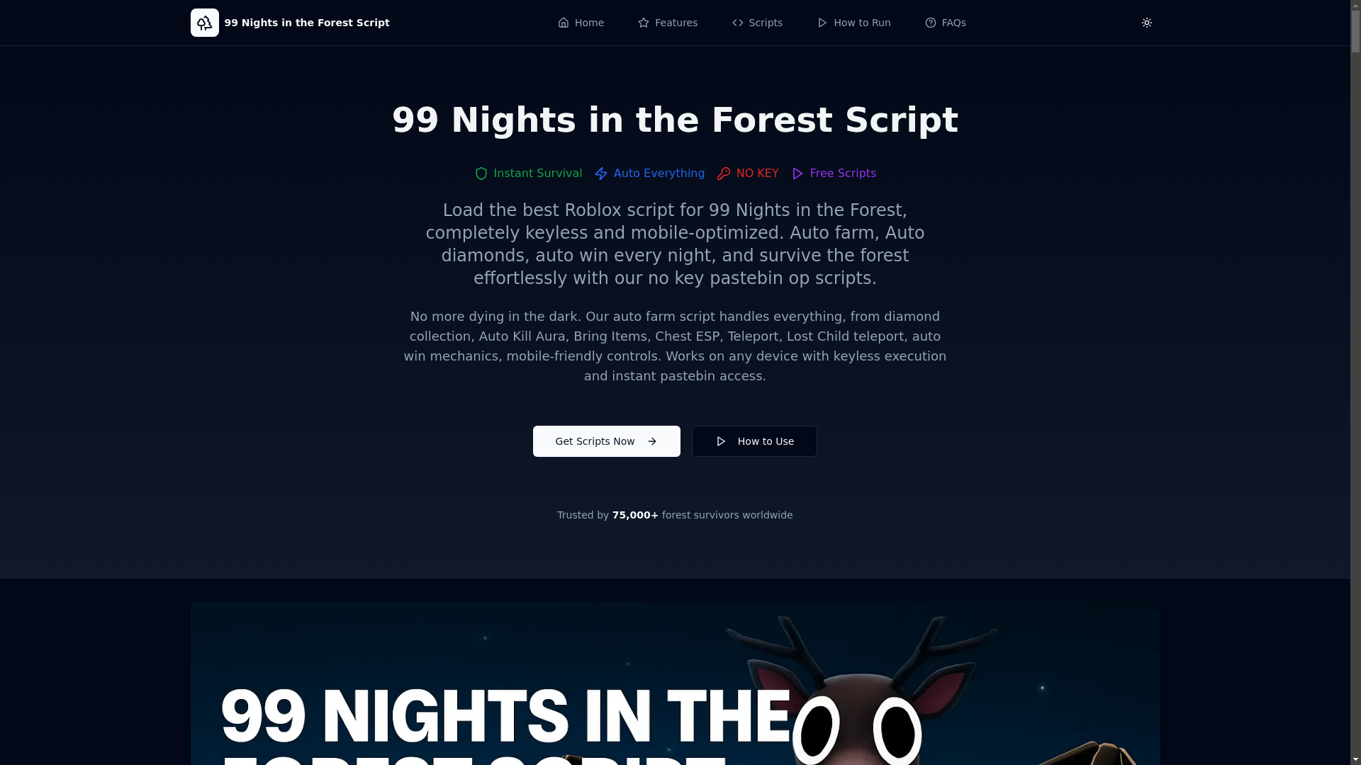 website screenshot of https://99nightsintheforestscript.dev/