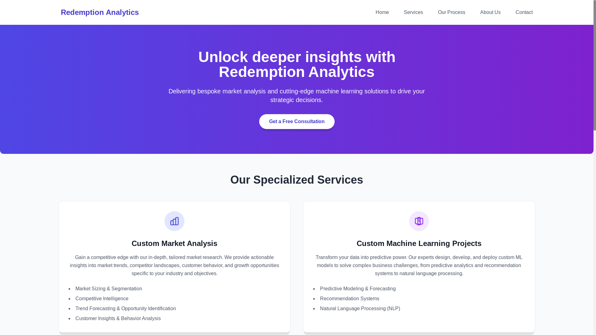 website screenshot of https://redemptionanalytics.com/