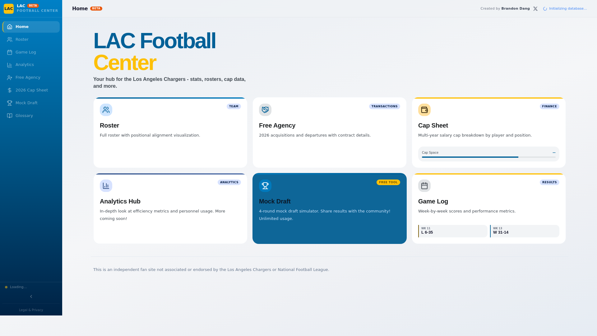 website screenshot of https://lacfootball.com/