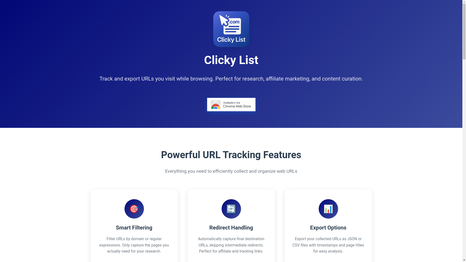 website screenshot of https://clickylist.com/