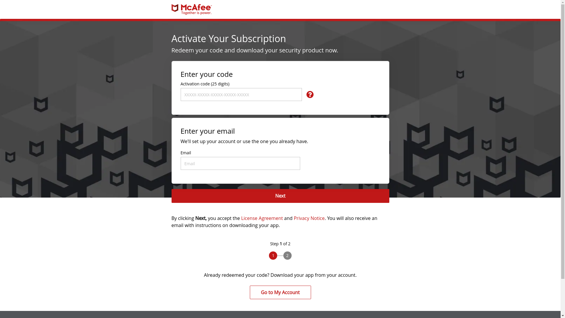 website screenshot of https://www.mcafee.com/consumer/en-my/ipz/r2d/flows/retailredemption.html