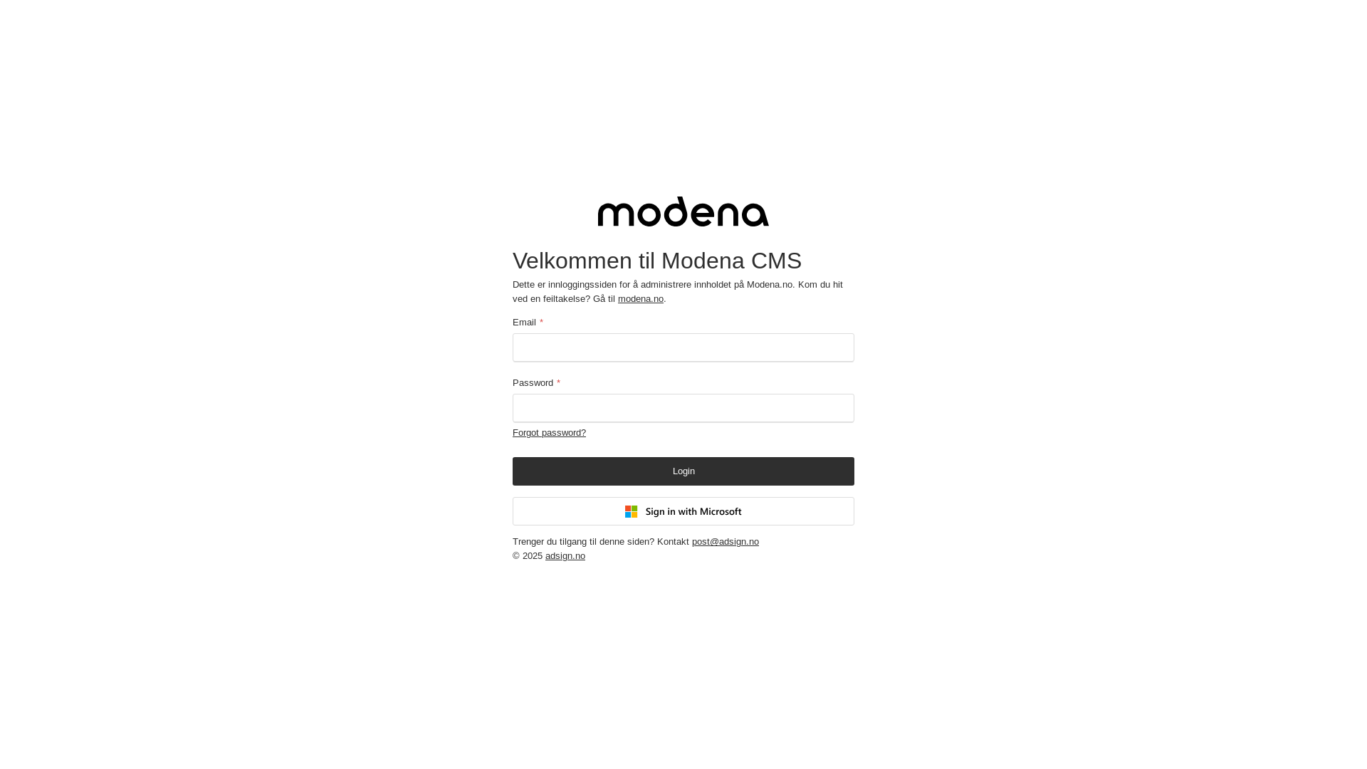 website screenshot of https://cms.modena.no/