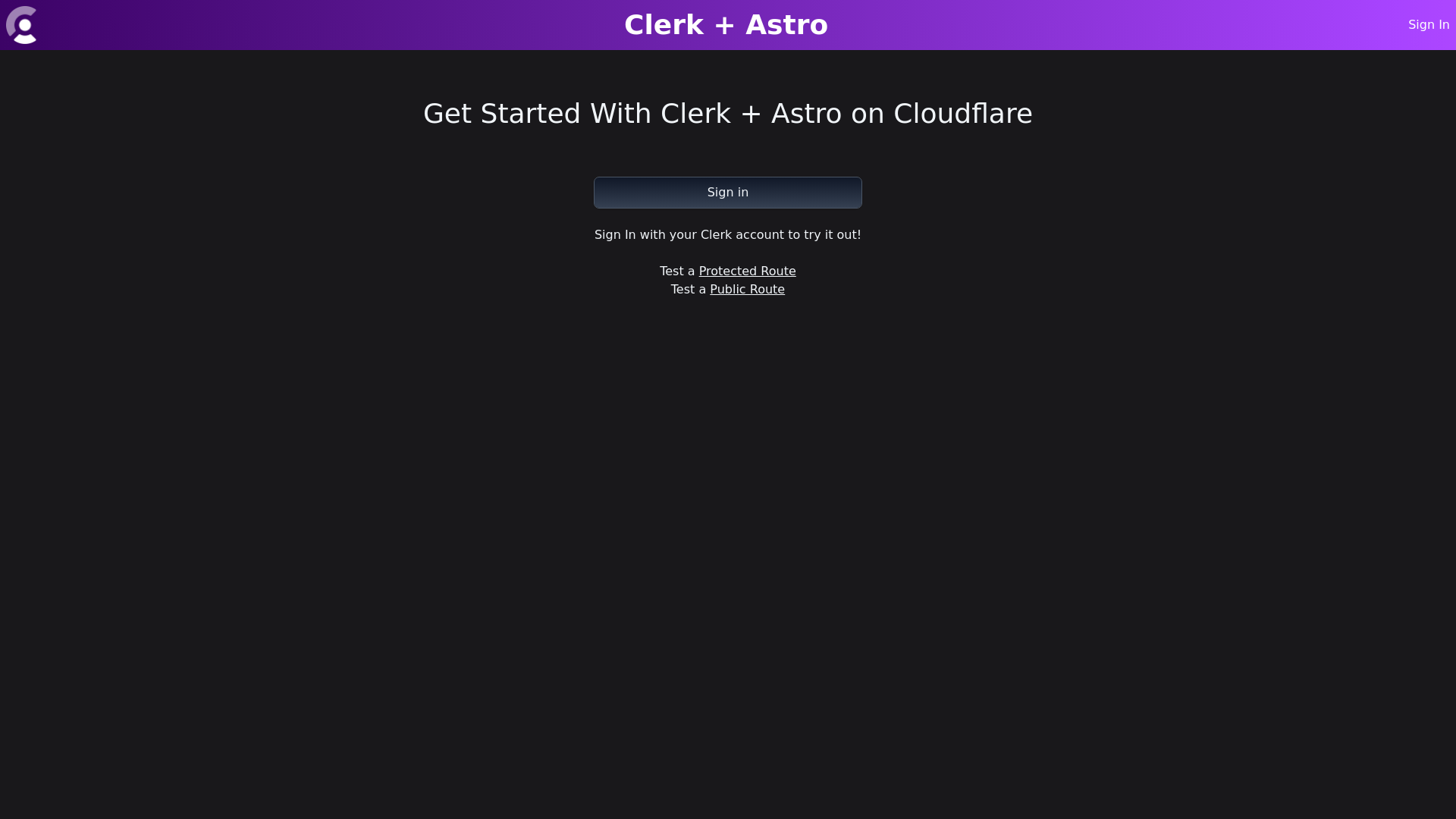 website screenshot of https://clerk-astro-cf-quickstart.pages.dev/