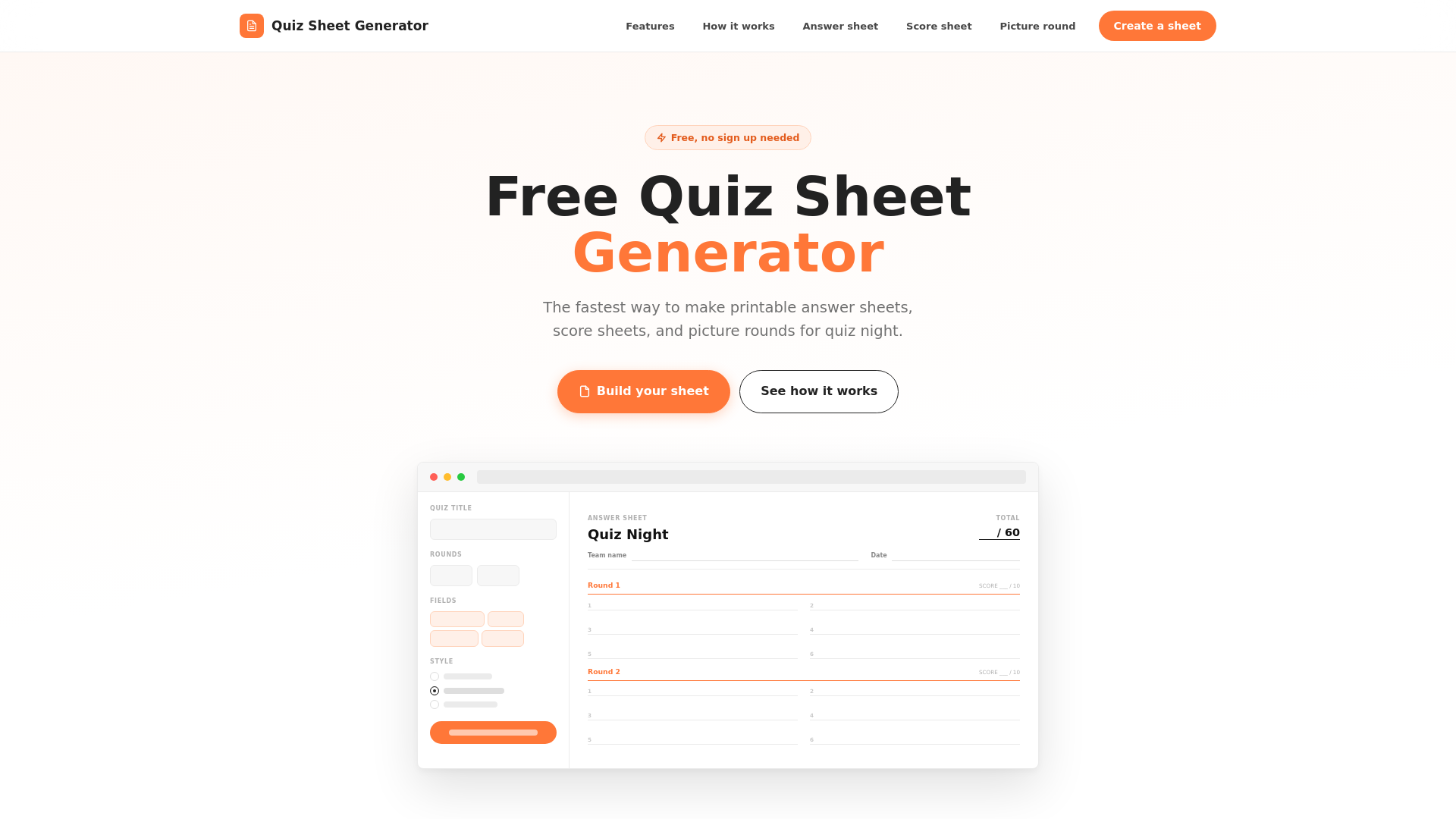 website screenshot of https://quizsheetgenerator.com/