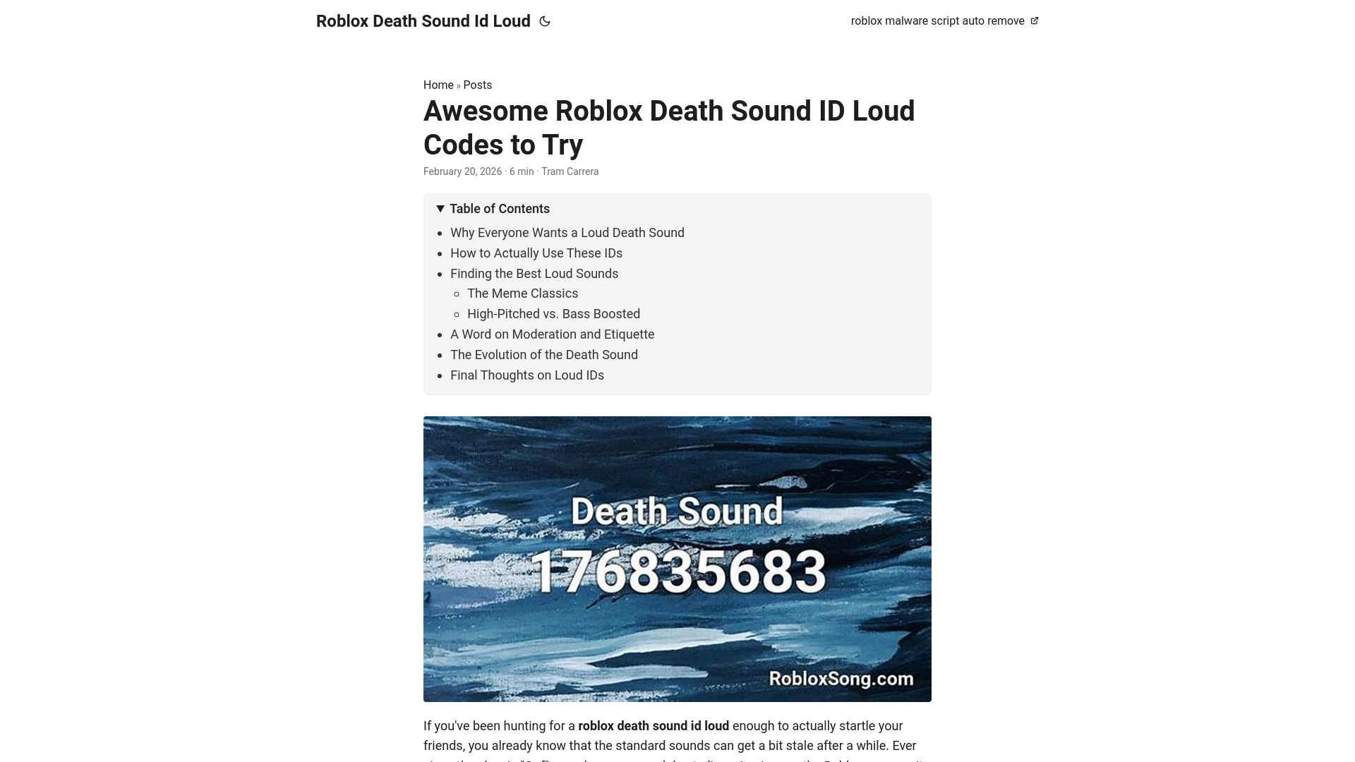 website screenshot of https://roblox-death-sound-id-loud.pages.dev/