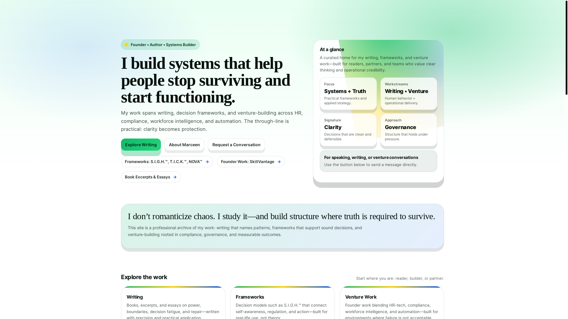 website screenshot of https://marceenburgher.com/