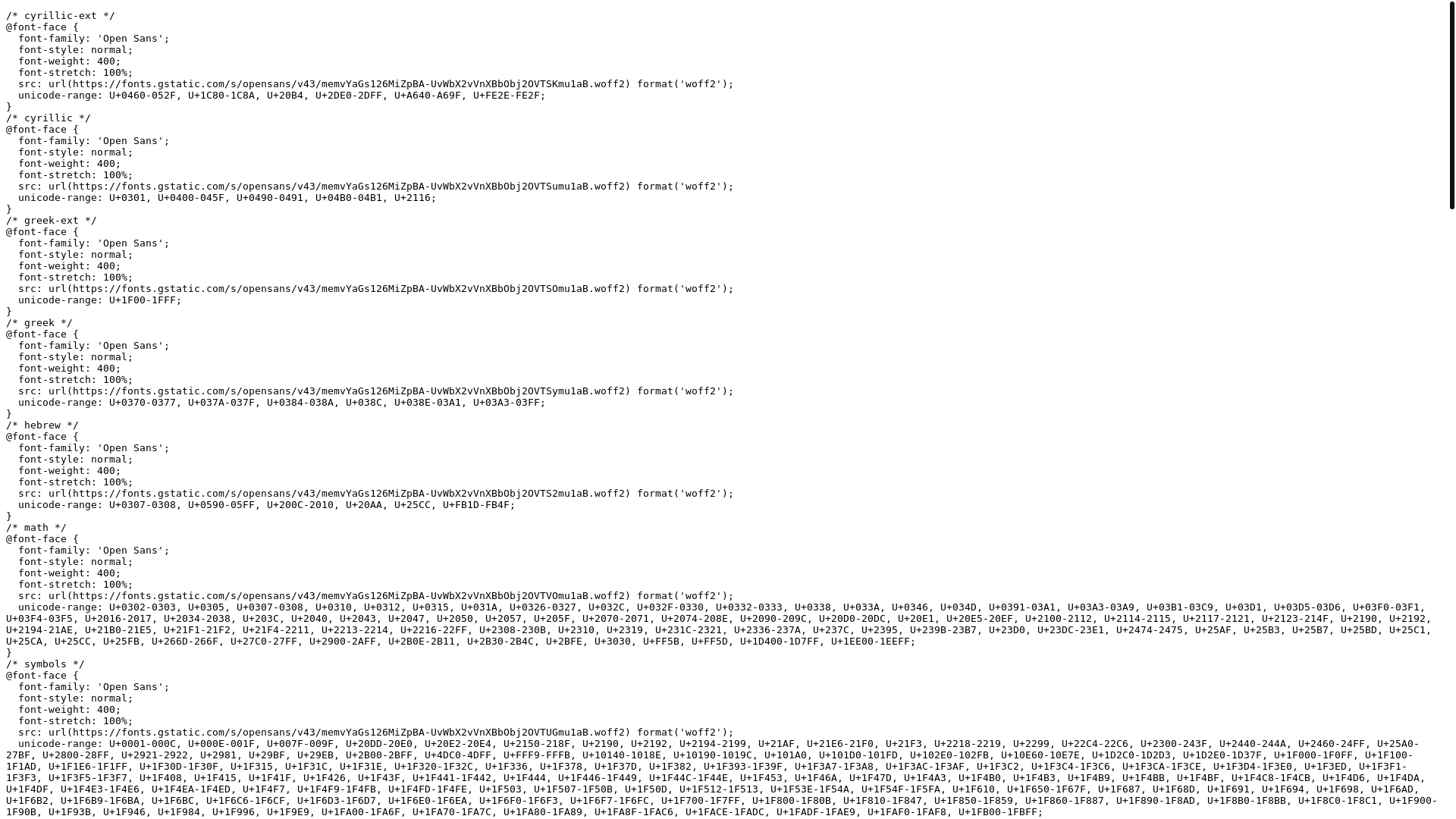 website screenshot of https://fonts.googleapis.com/css?family=Open+Sans:400,700%7CRaleway:400,700