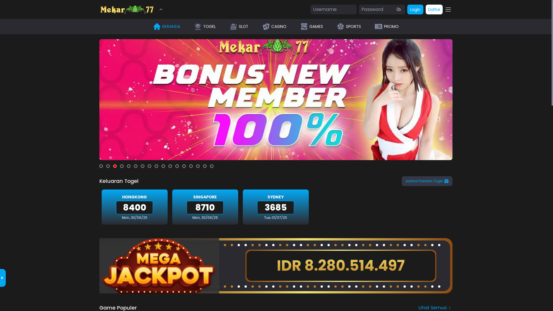 website screenshot of https://mekar77new.net/