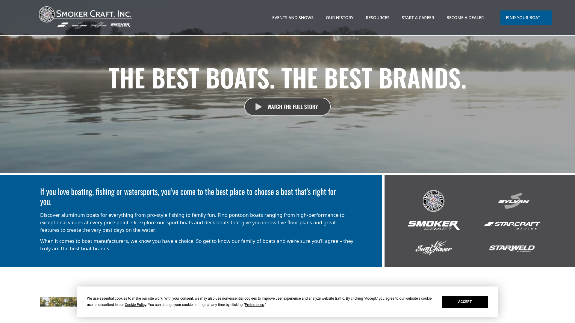 website screenshot of https://www.smokercraftincorporated.com/