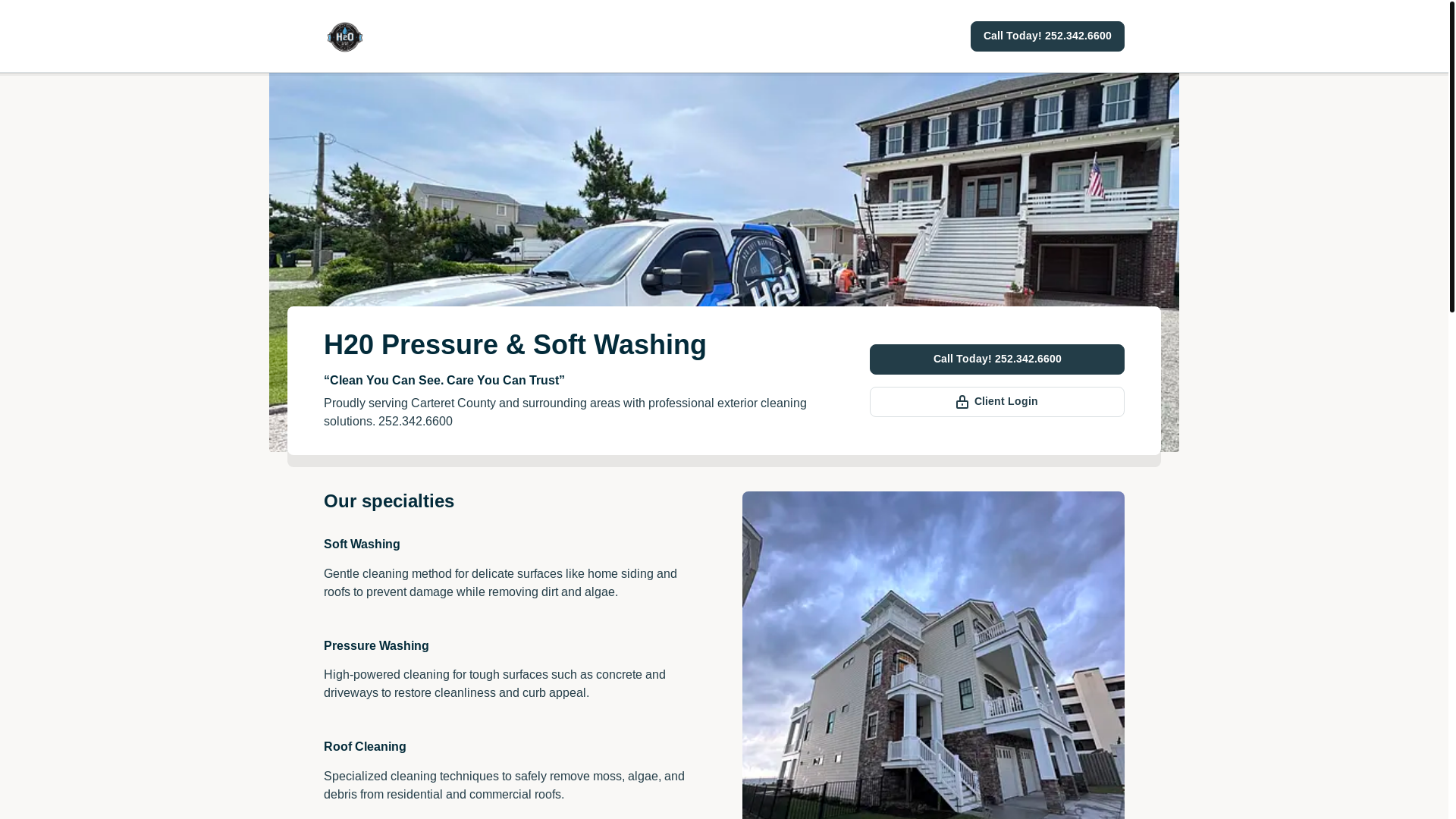 website screenshot of https://h20softwashing.com/