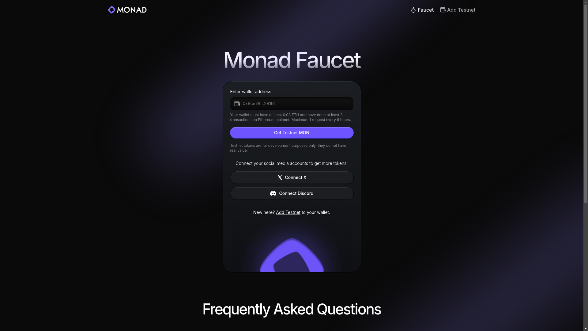 website screenshot of https://faucetmonad.xyz/