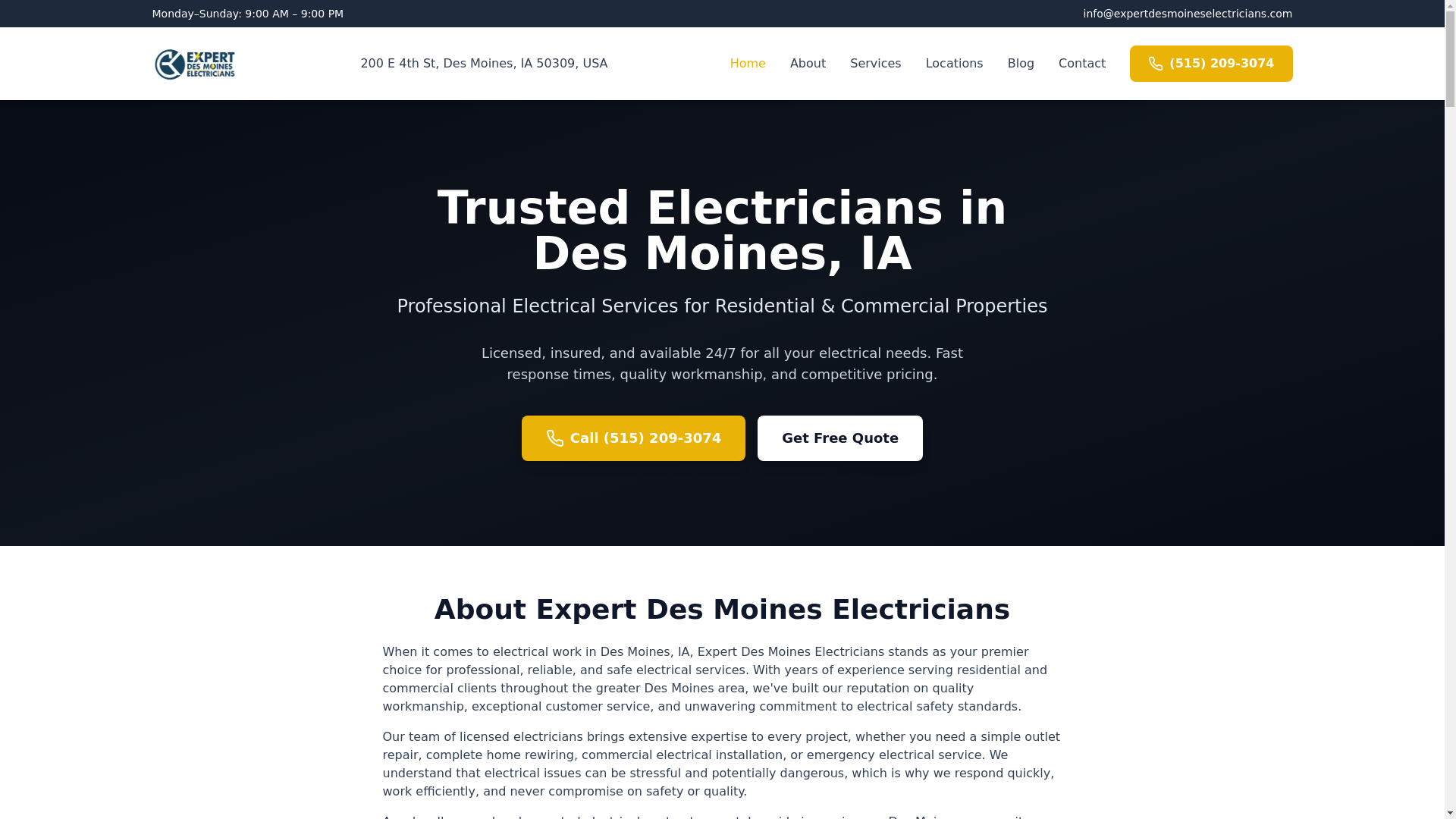 website screenshot of https://expertdesmoineselectricians.com/