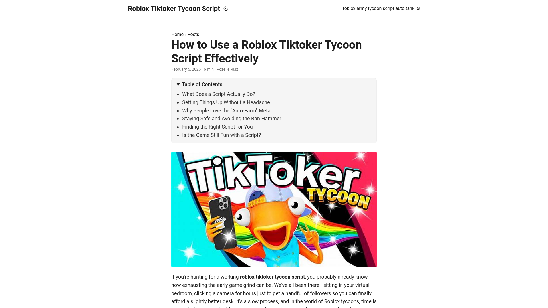 website screenshot of https://roblox-tiktoker-tycoon-script.pages.dev/