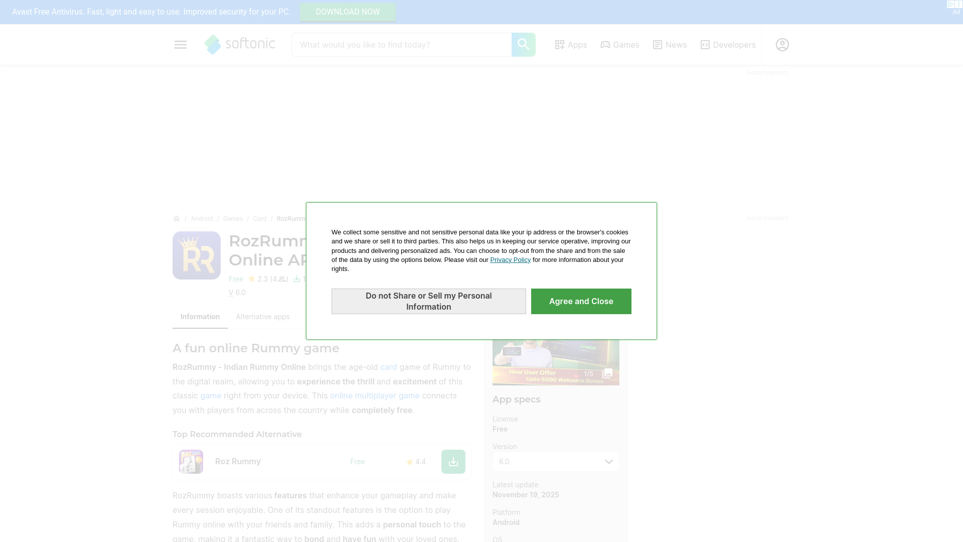 website screenshot of https://rozrummy-indian-rummy-online.en.softonic.com