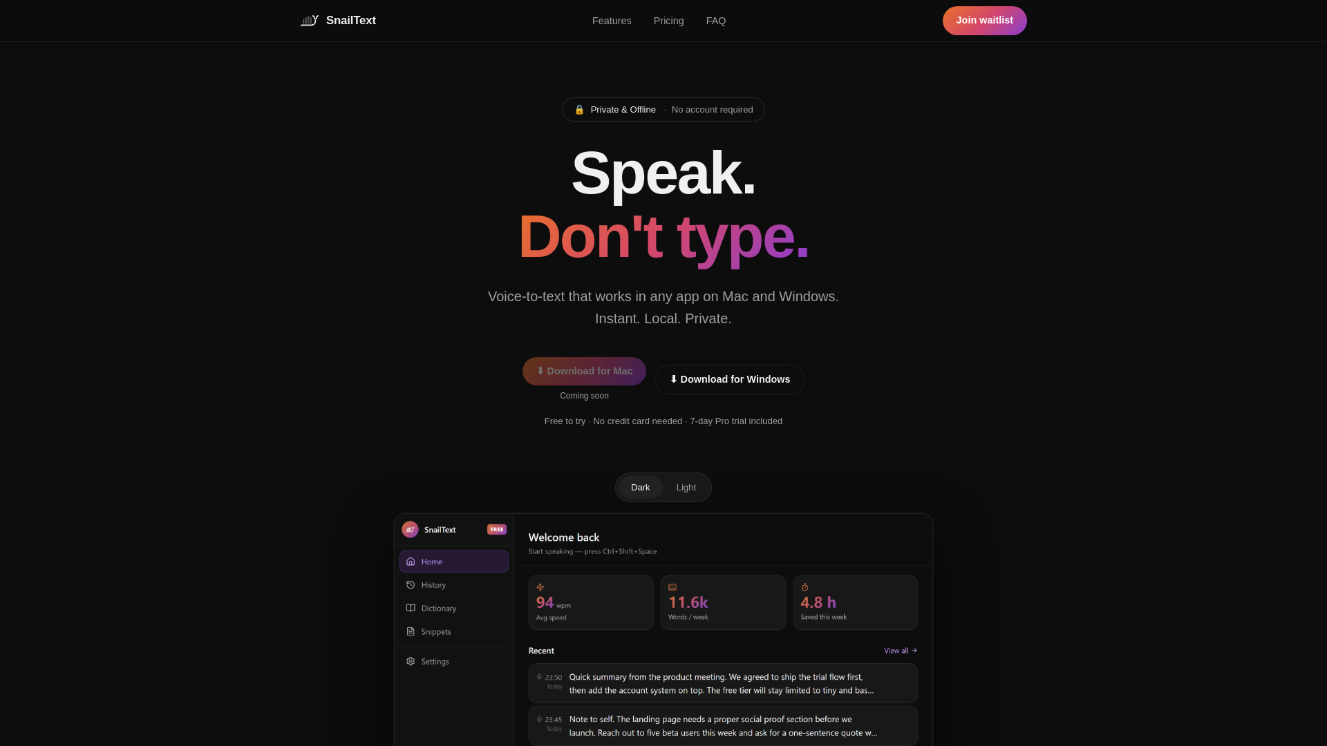 website screenshot of https://snailtext.app