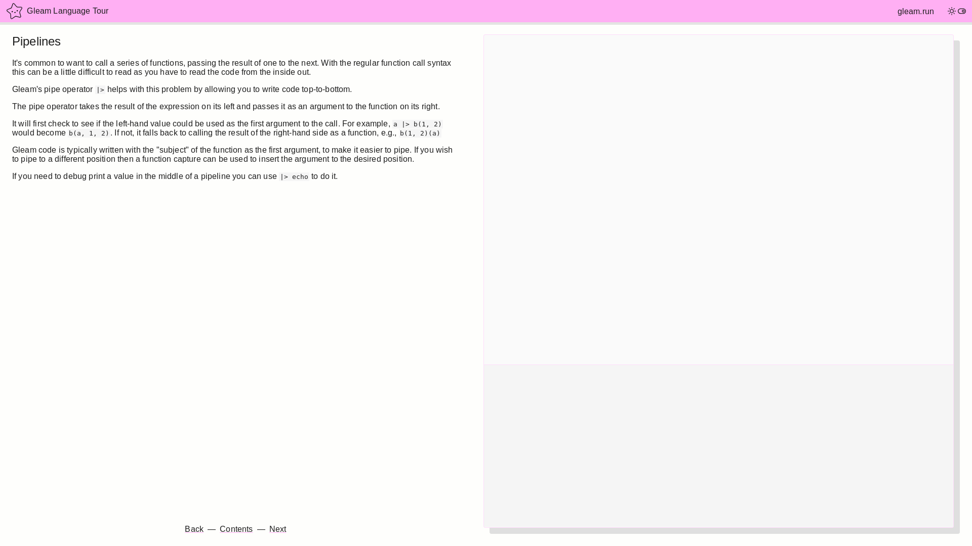 website screenshot of https://tour.gleam.run/functions/pipelines/