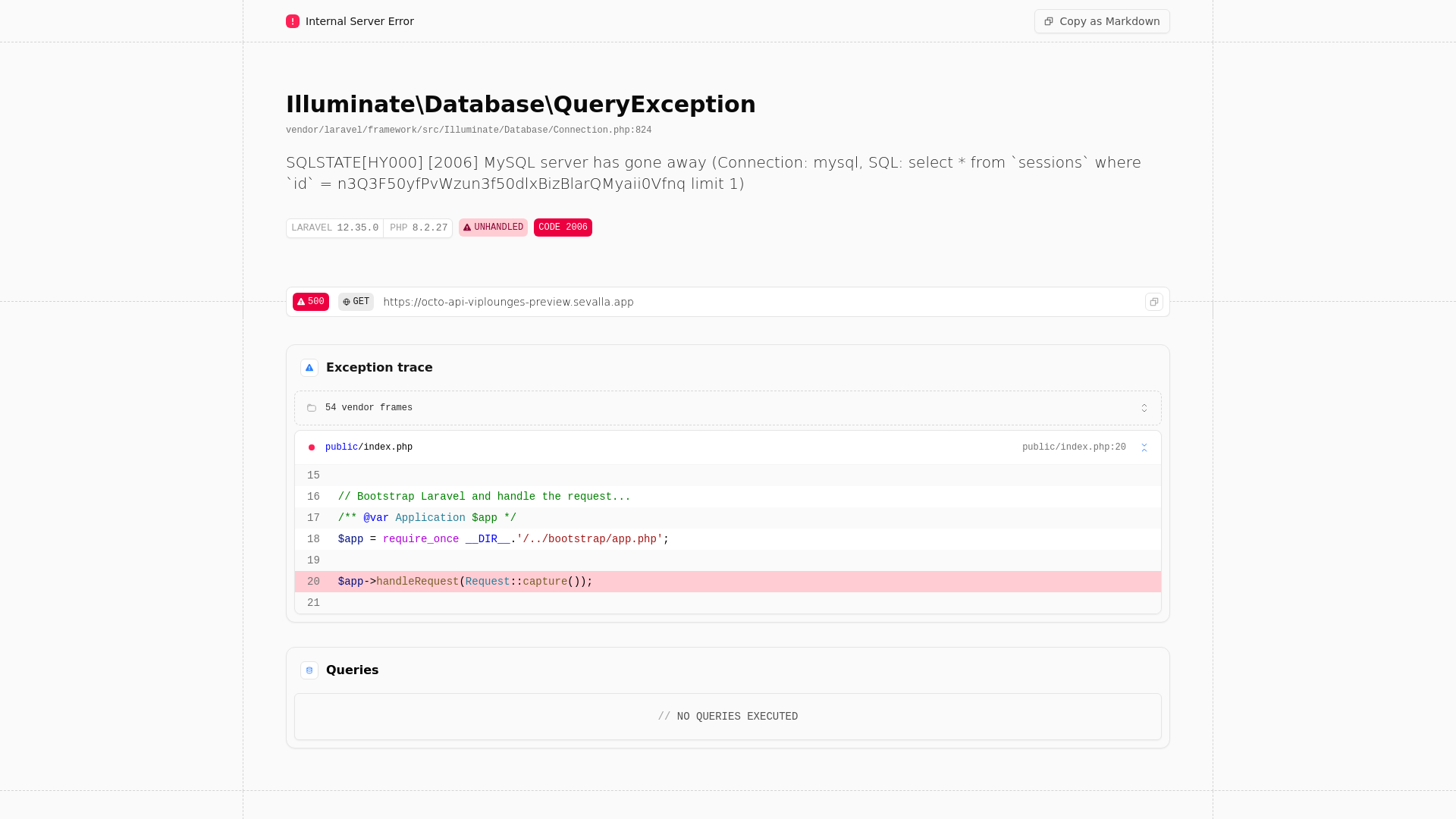 website screenshot of https://octo-api-viplounges-preview.sevalla.app
