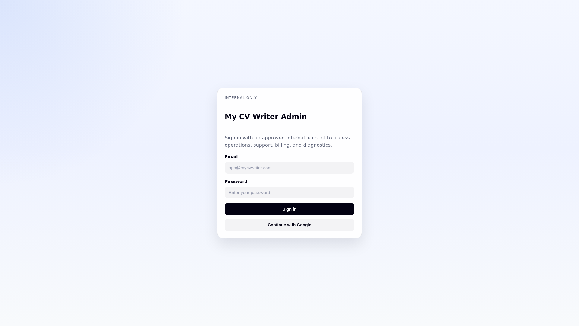 website screenshot of https://mycvwriter-admin-staging.pages.dev/