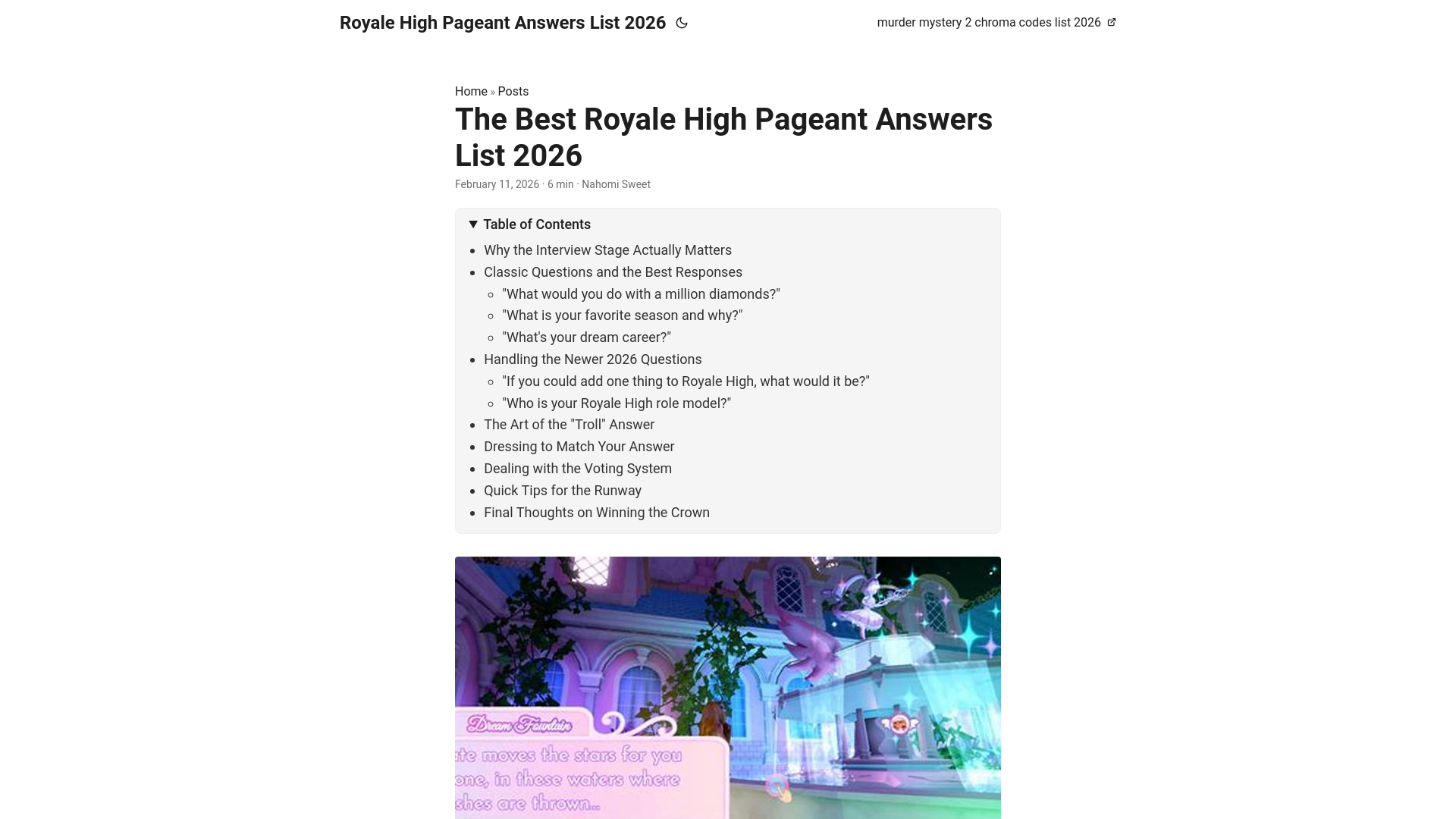 website screenshot of https://royale-high-pageant-answers-list-2026.pages.dev/