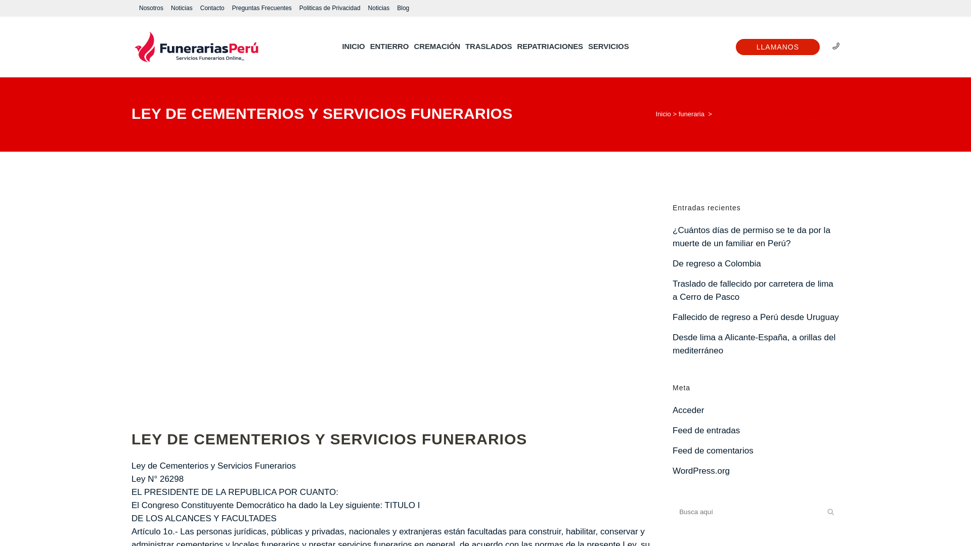 website screenshot of https://funerariasperu.com/ley-de-cementerios-y-servicios-funerarios
