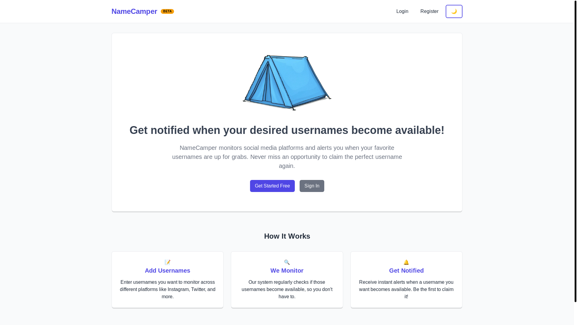 website screenshot of https://namecamper-frontend.pages.dev/