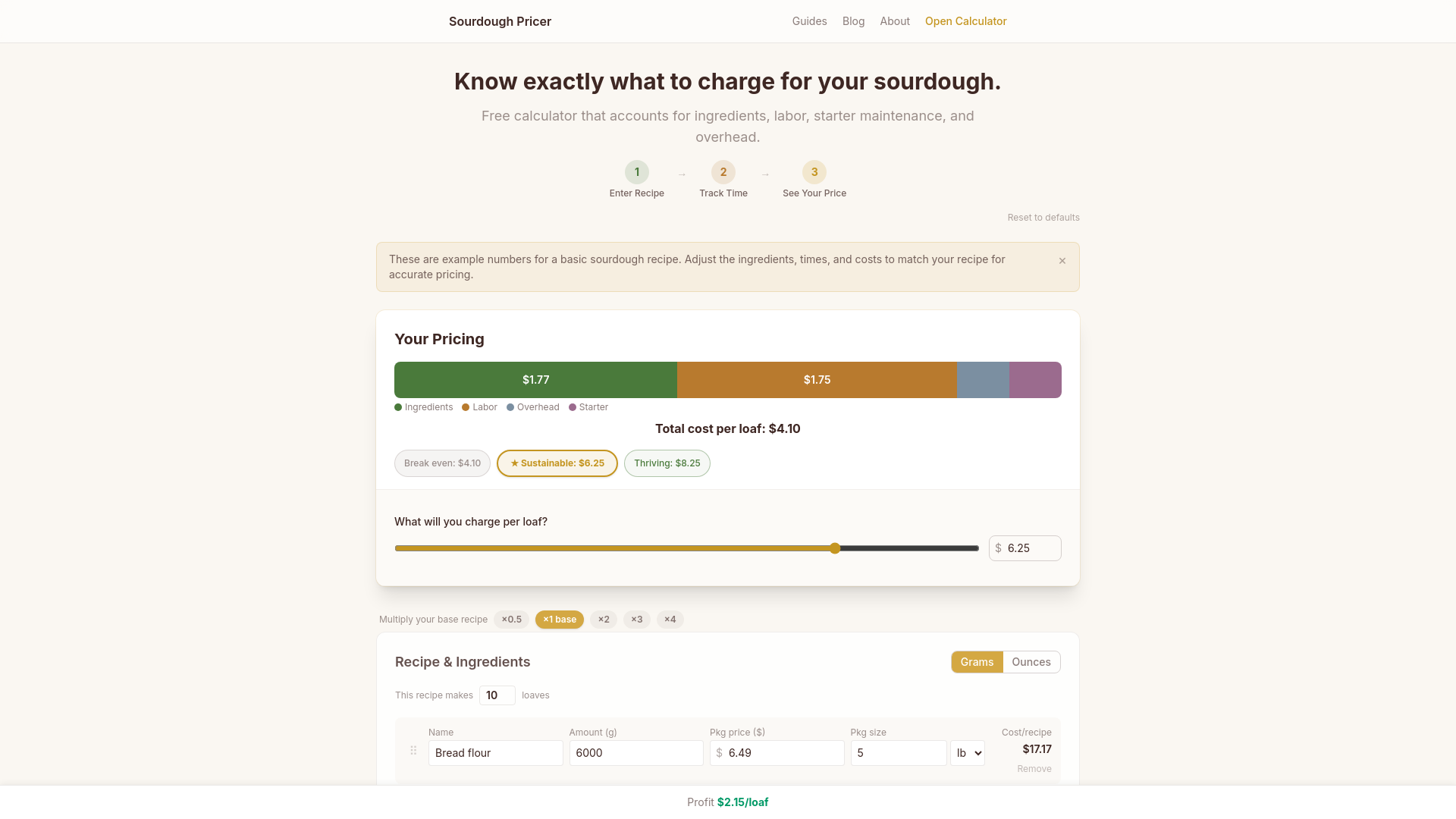 website screenshot of https://sourdoughpricer.com/