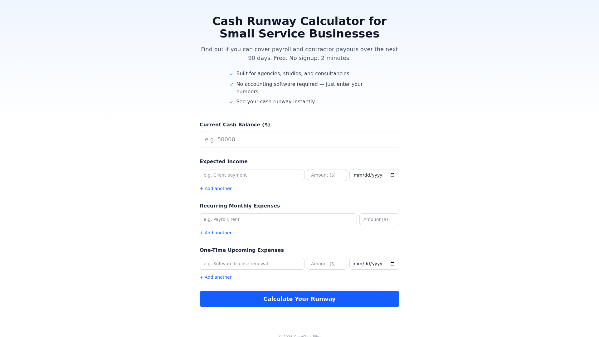 website screenshot of https://cashrunwaycalc.com/