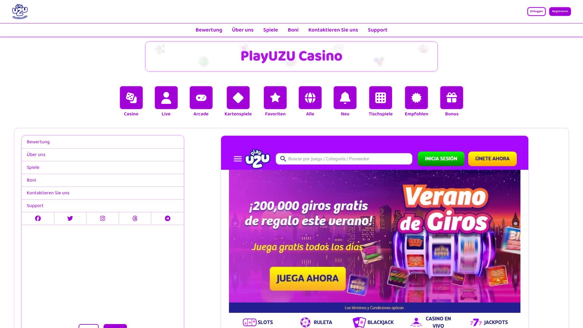 website screenshot of https://playuzucasino.de/