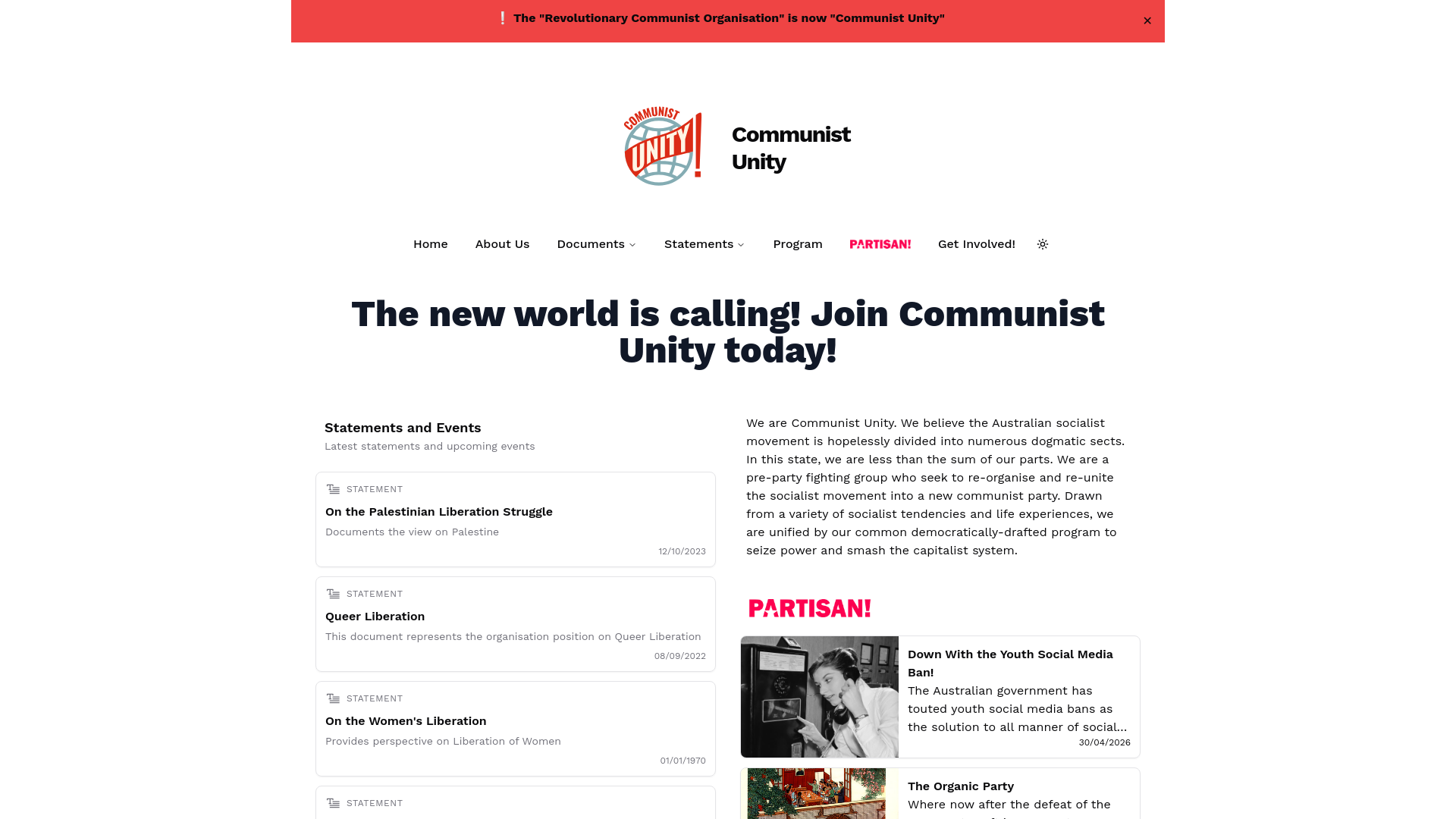 website screenshot of https://communistunity.au/