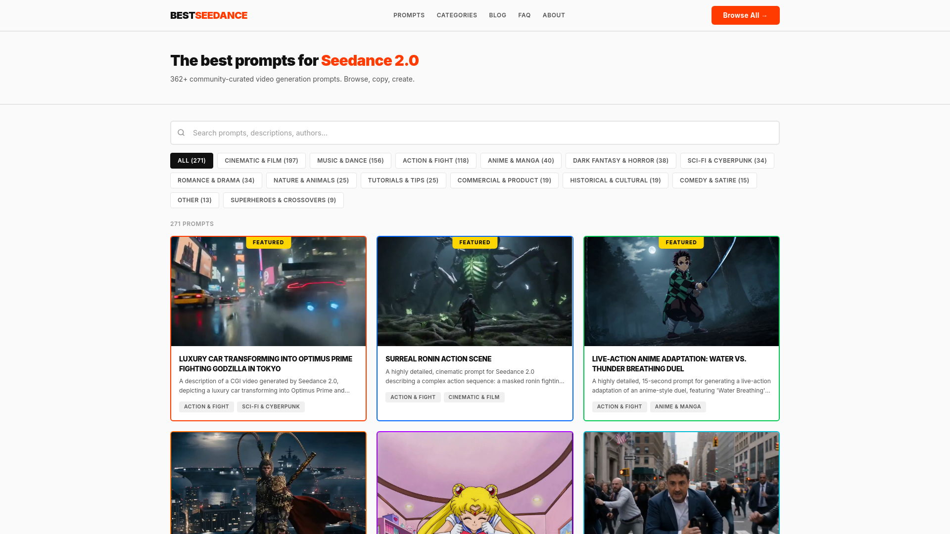 website screenshot of https://bestseedanceprompts.com