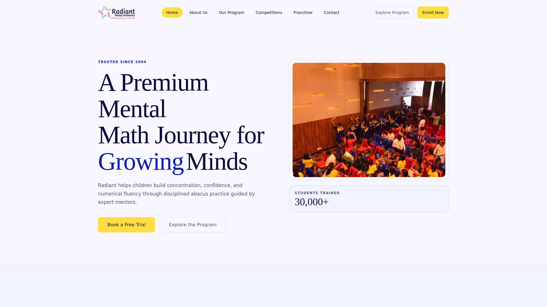 website screenshot of https://radiantmentalarithmetic.com