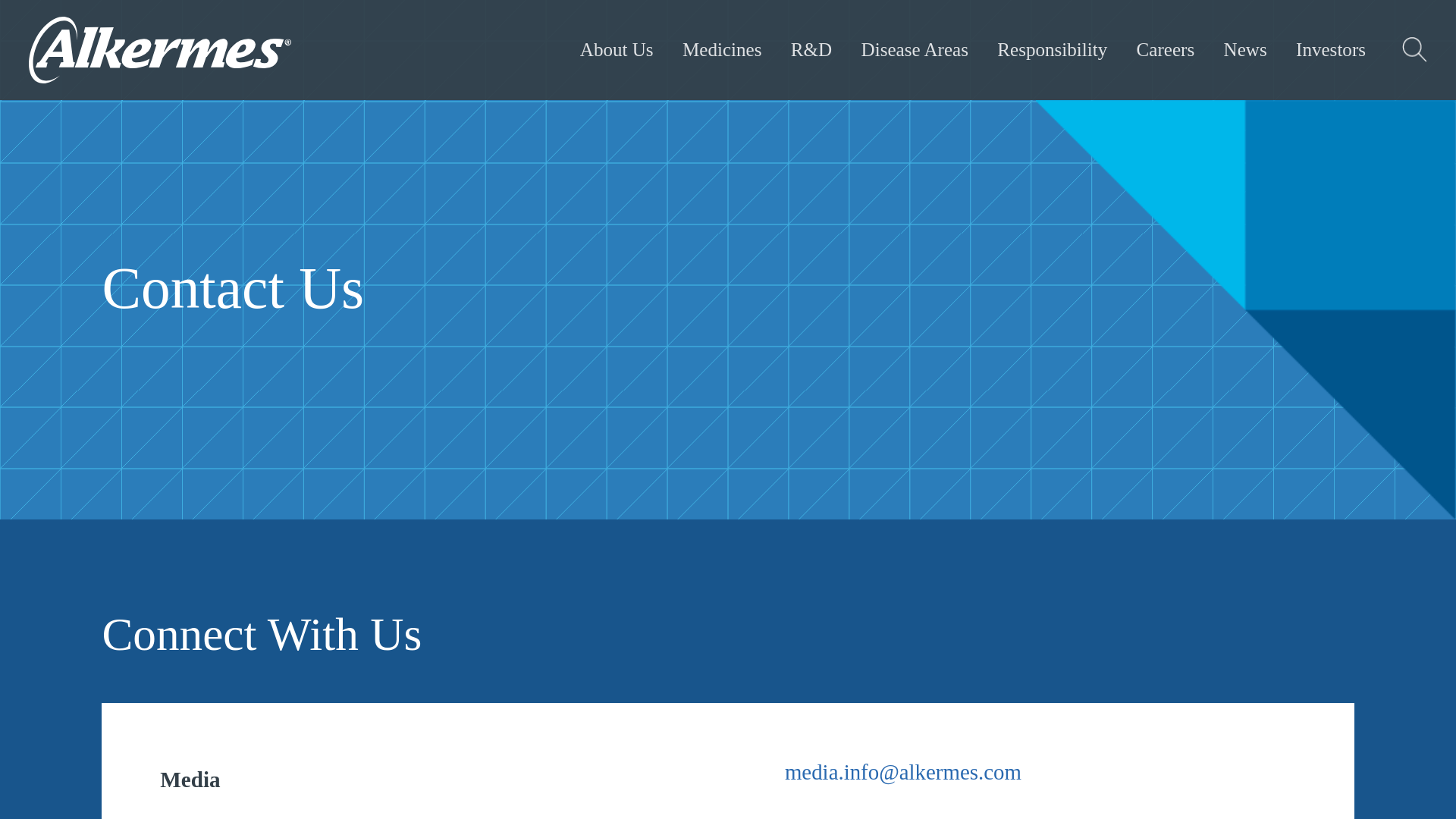 website screenshot of https://www.alkermes.com/contact-us