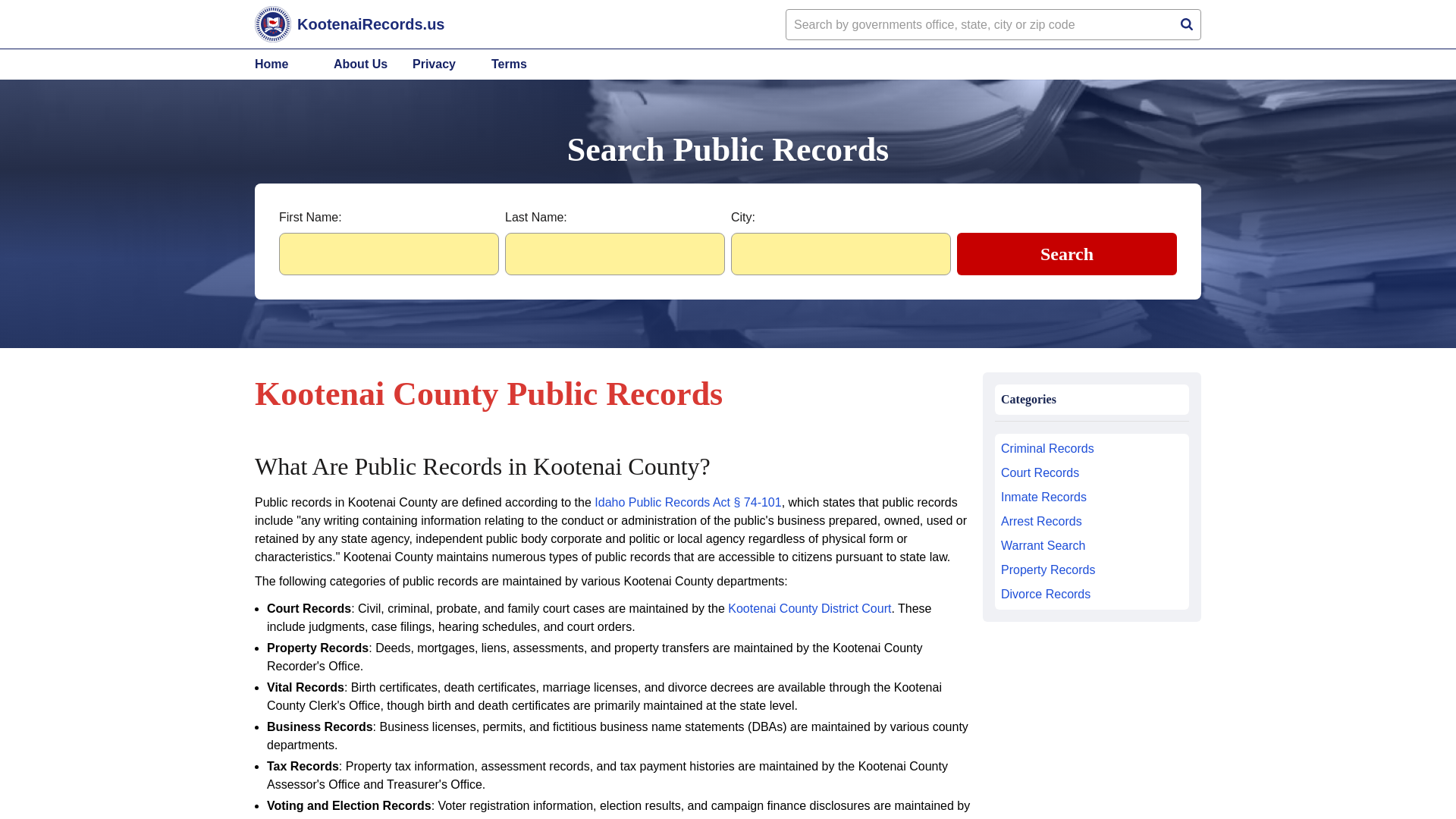 website screenshot of https://kootenairecords.us