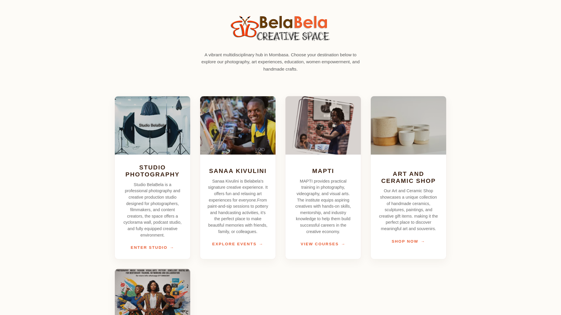 website screenshot of https://belabelacreativespace.co.ke/