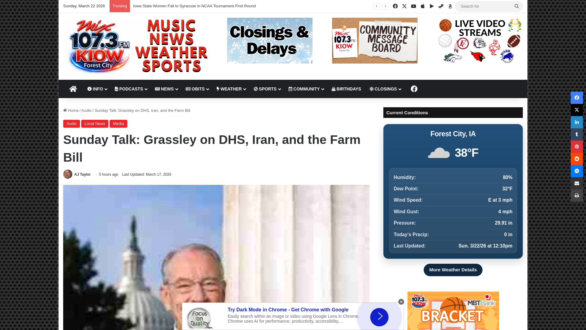 website screenshot of https://kiow.com/2026/03/22/sunday-talk-grassley-on-dhs-iran-and-the-farm-bill/