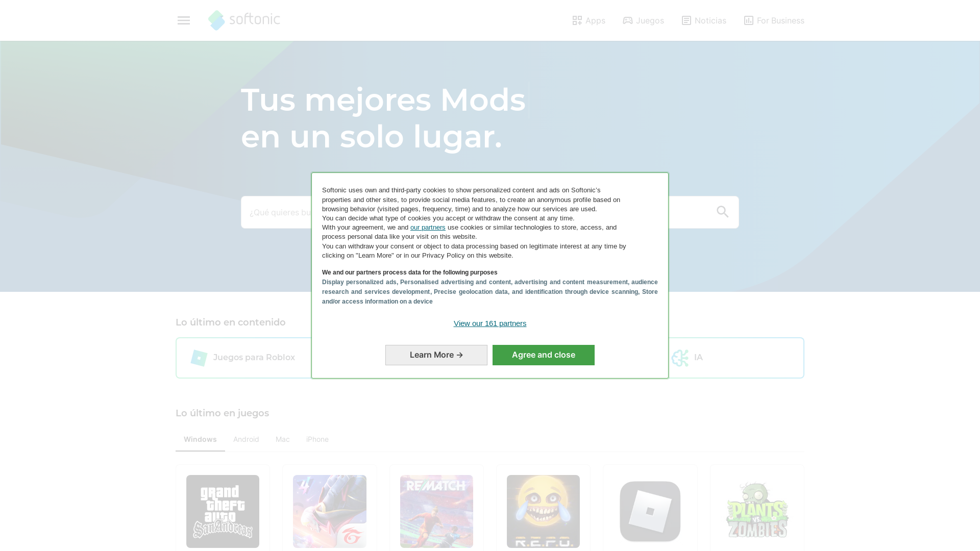 website screenshot of https://softonic.com/
