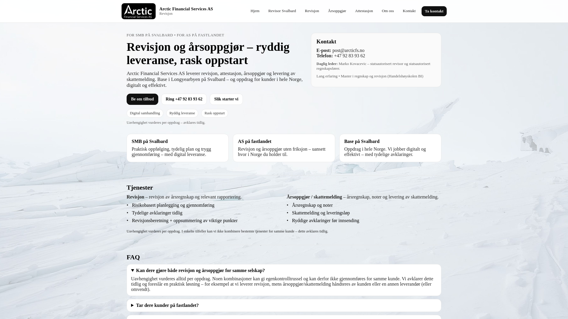 website screenshot of https://arcticfinancialservices.no