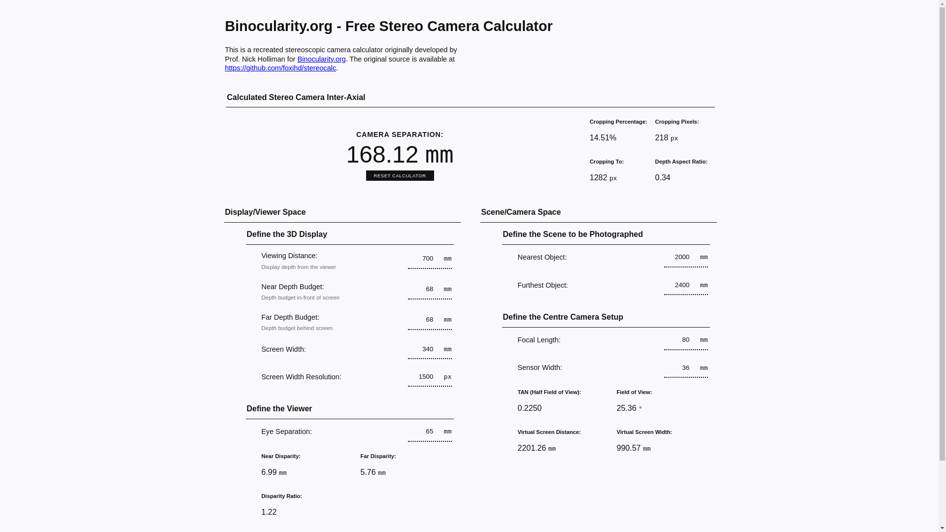 website screenshot of https://foxihd.github.io/stereocalc/